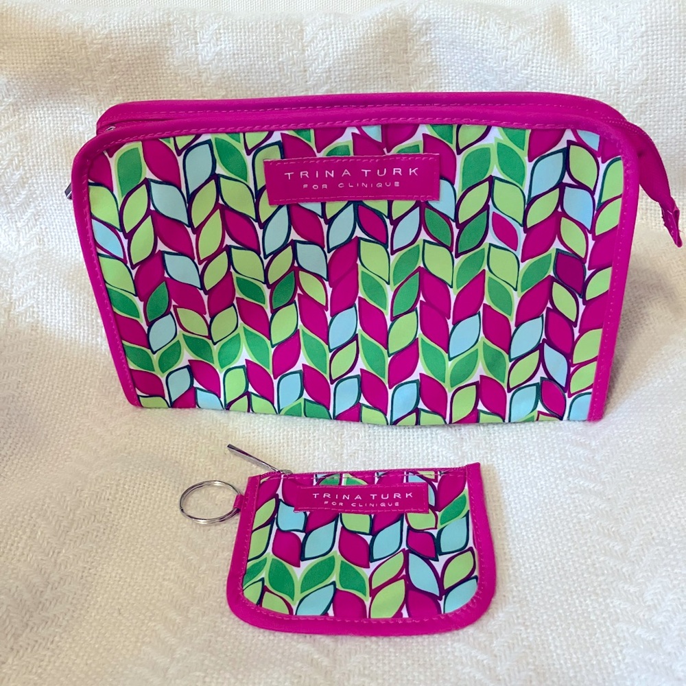 Trina Turk for Clinique Makeup Bag Set Pink, Green Blue Leaf Pattern - New